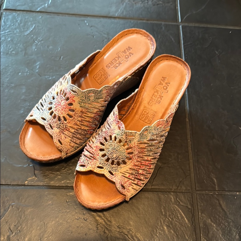 Brown Leather Mules with Floral Cut-Outs